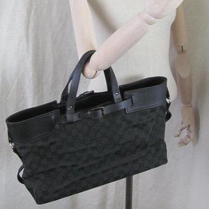 GUCCI Vintage Satchel Tote Handbag Black Monogram Textured Leather Detail